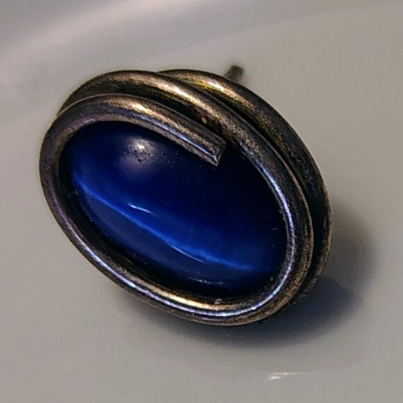 Vintage 925 Sterling Silver Wrapped Blue Cat Eye Stone Stud Pierced Earrings - Picture 3 of 6